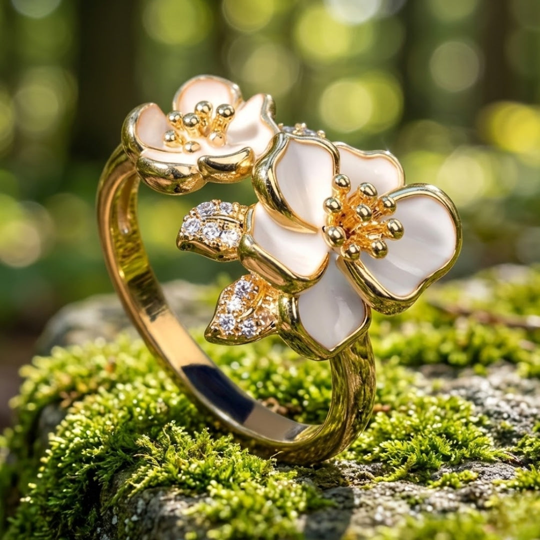 White Enamel Flower Gold Ring