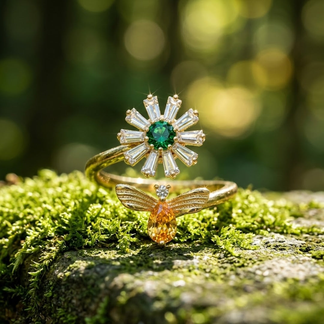 Adjustable Green Crystal Flower Bee Ring