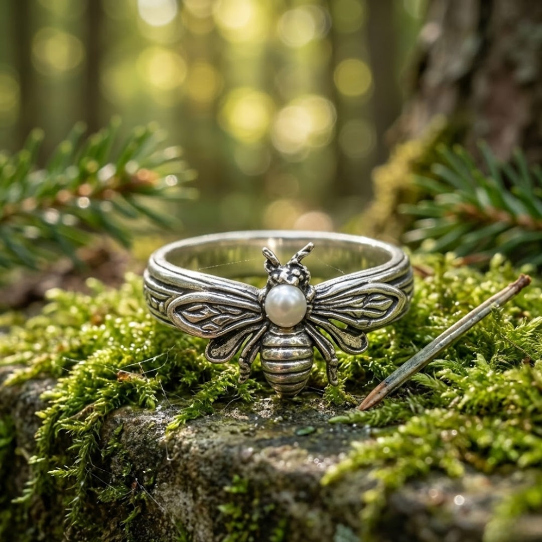 Bohemian Silver Bee Pearl Ring