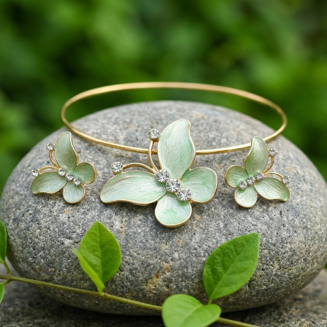Green Butterfly Necklace + Earrings Set