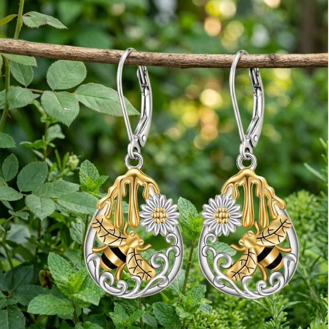 Golden Bee Flower Drop Gold & Silver Earrings