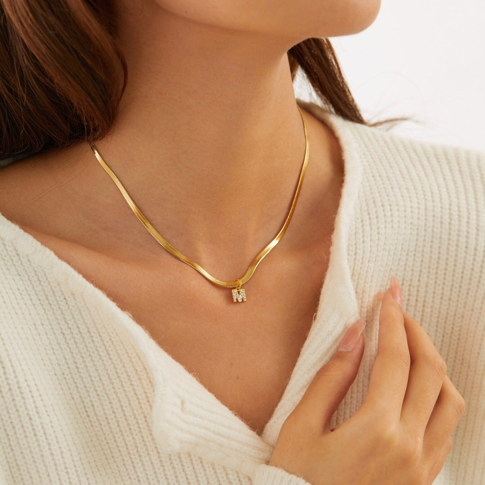 Melly® Diamond Initial Herringbone Necklace