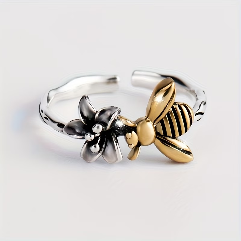 Adjustable Golden Bee Silver Ring