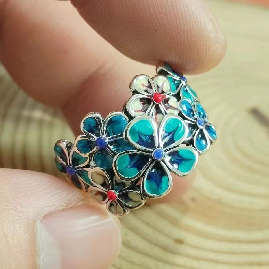 Adjustable Blue Enamel Flower Ring
