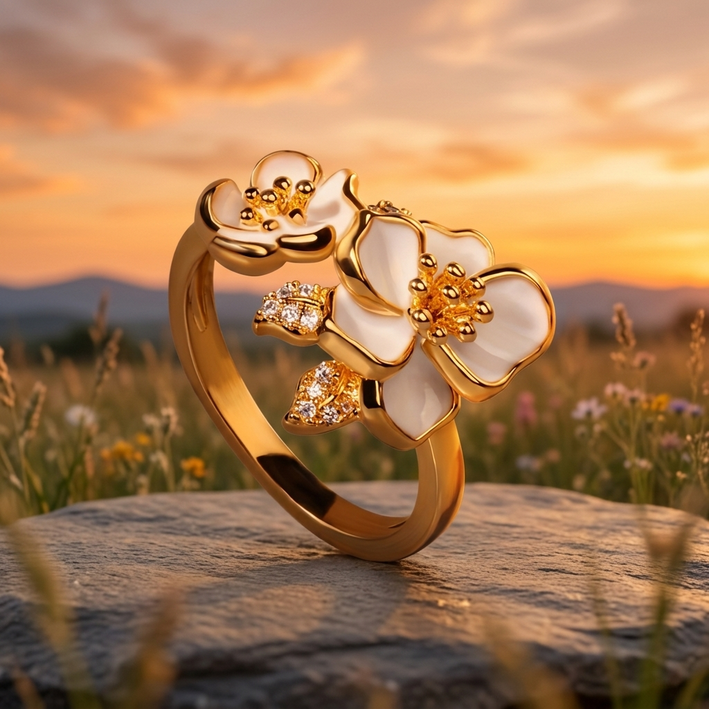 White Enamel Flower Gold Ring