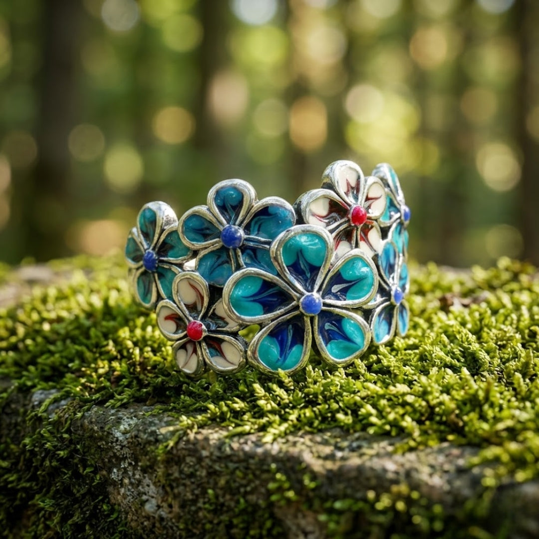 Adjustable Blue Enamel Flower Ring