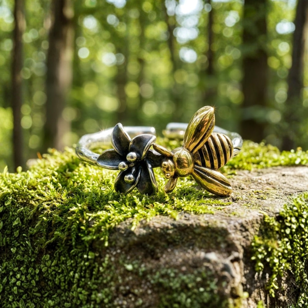 Adjustable Golden Bee Silver Ring