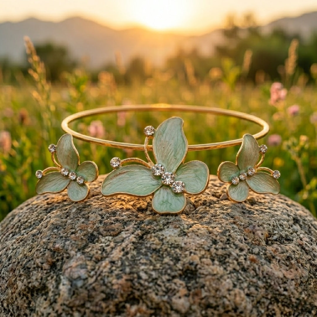 Green Butterfly Necklace + Earrings Set