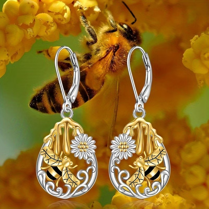 Golden Bee Flower Drop Gold & Silver Earrings