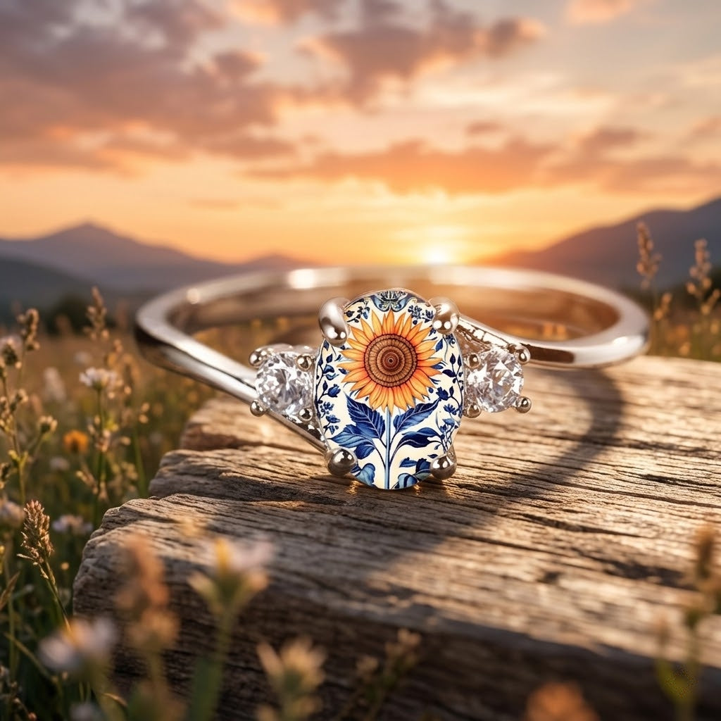 Botanical Sunflower Silver Ring